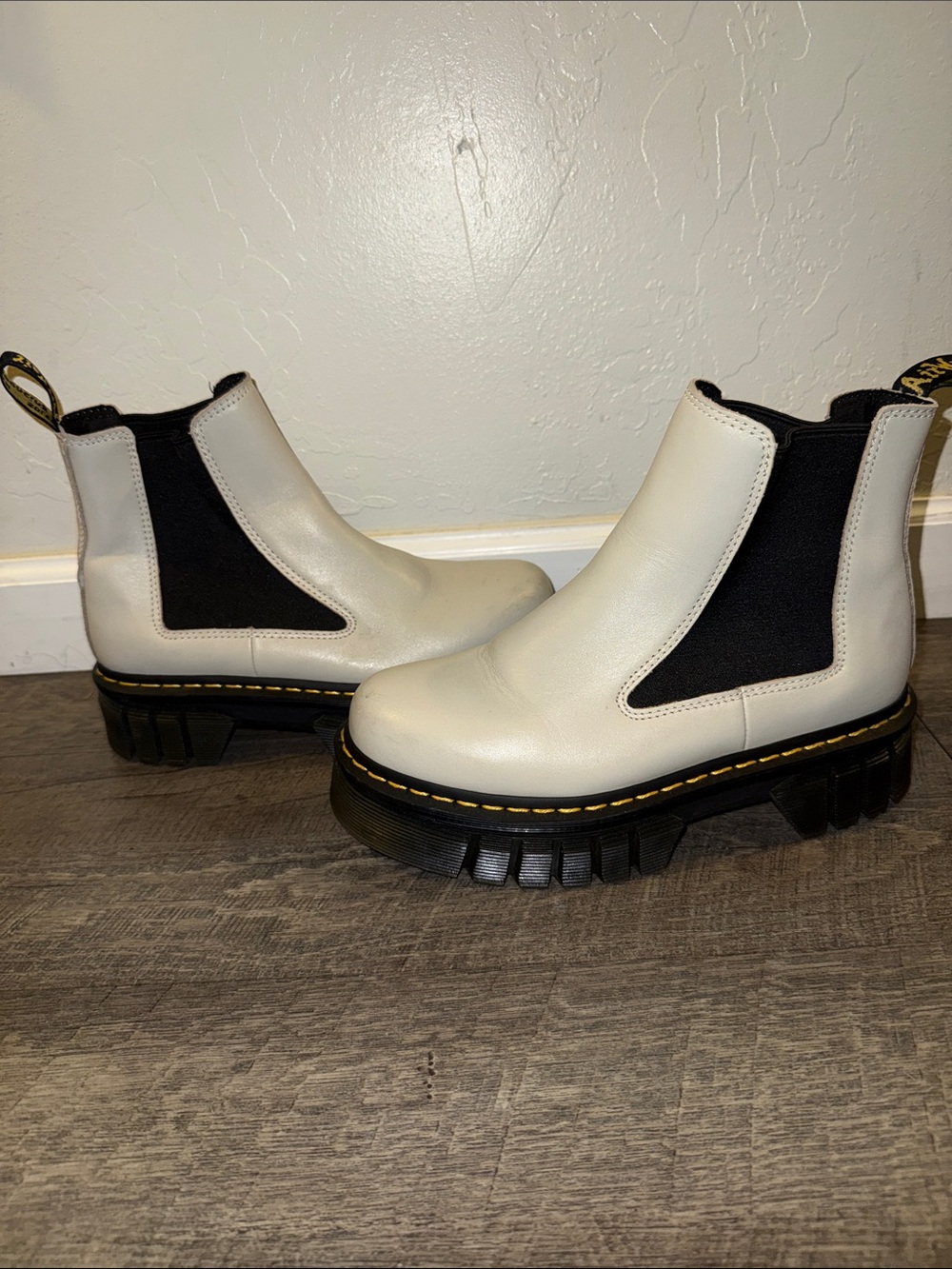 Dr. Martens White Chelsea Lug Sole Ankle Boots with Black Elastic